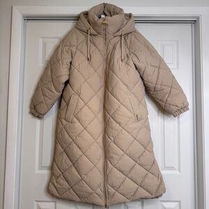 NWT Barbour Women’s Kirkton Longline Puffer Quilted Hooded Coat USA 12 Tan Color